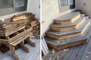 Spring Home Maintenance, deck stairs repaired, before and after image